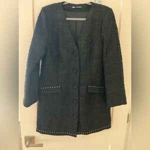 Zara Black Tweed Long Sleeve Button Down Dress with Studded Details